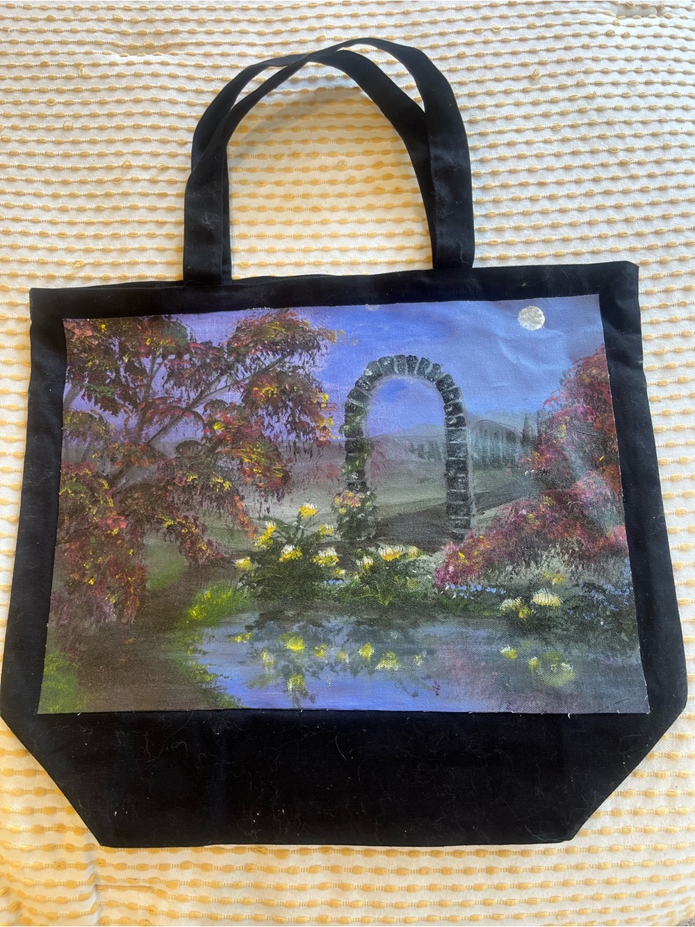Hand-Painted Black Canvas Tote with Garden Scene